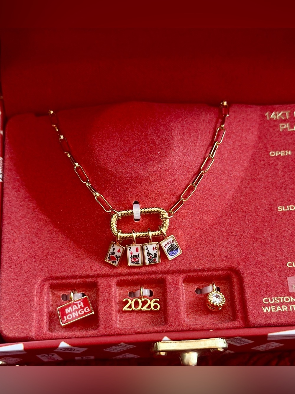 Gold Mahjong Tile Charm Necklace with Red and White Enamel Accents - Picture 2 of 5